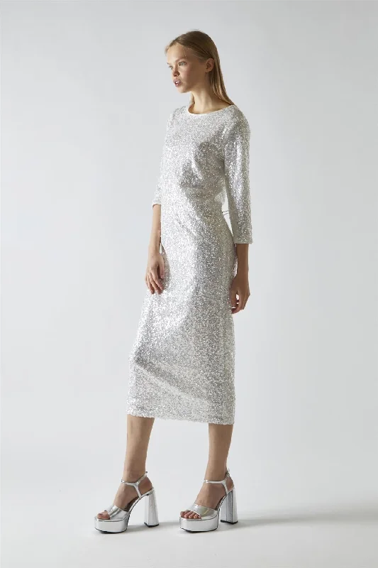 Silver-Iridescent Sequin A-Line Midaxi-Dress