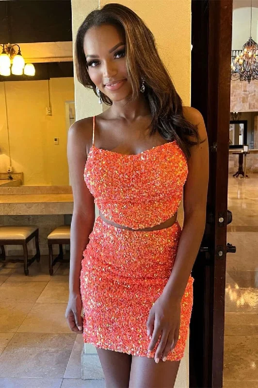Two-Piece Orange Sequin Short Homecoming Dress