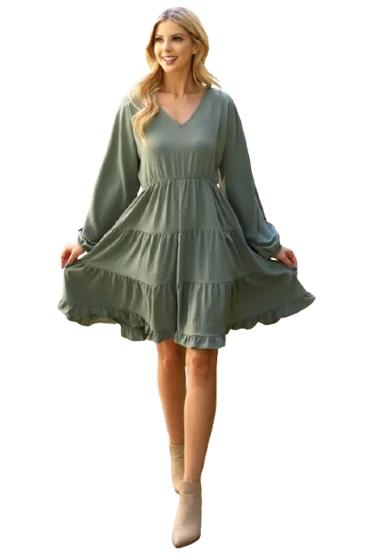 Woven Puff Sleeve V Neck Elastic Waist Tiered Dress Olive - Pack of 6