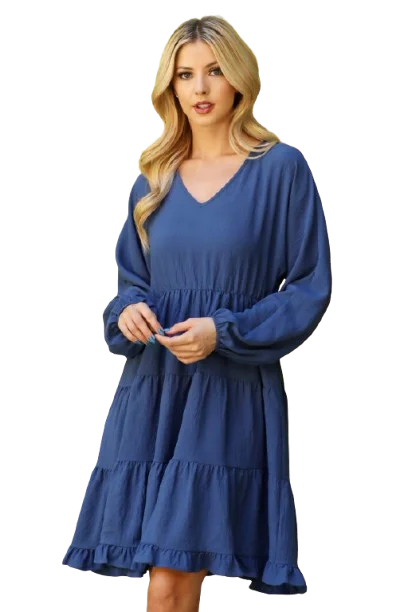 Woven Puff Sleeve V Neck Elastic Waist Tiered Dress Vintage Navy - Pack of 6
