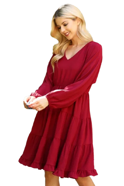 Woven Puff Sleeve V Neck Elastic Waist Tiered Dress Wine - Pack of 6