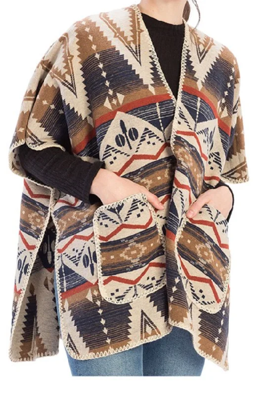 Aztec Shawl Cape With Pockets - One Size Chic Embroidered Shawl Wrap