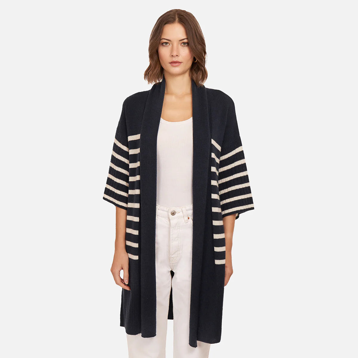 Autumn Cashmere Breton Stripe Shawl in Navy and White Trendy Bohemian Shawl Cape