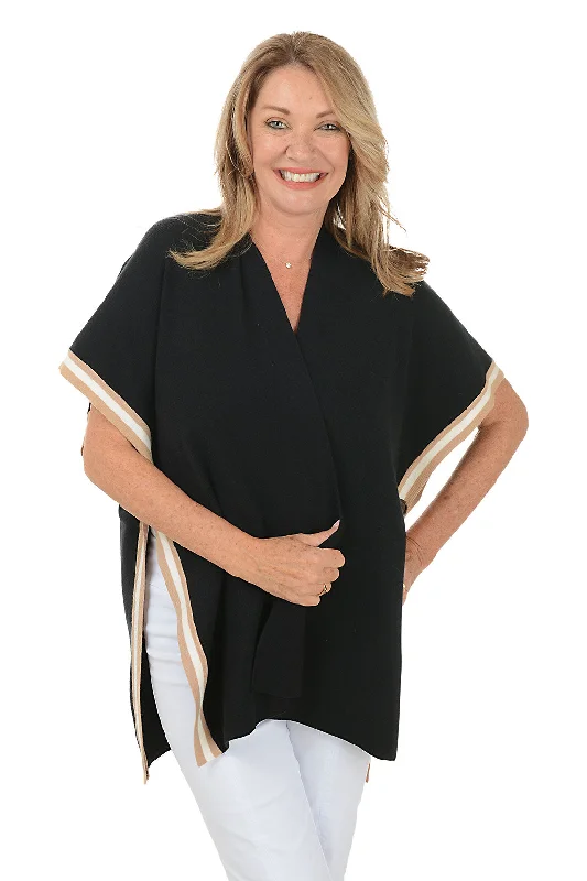 Black Stripe-Trimmed Ruana Shawl Chic Cotton Shawl Wrap