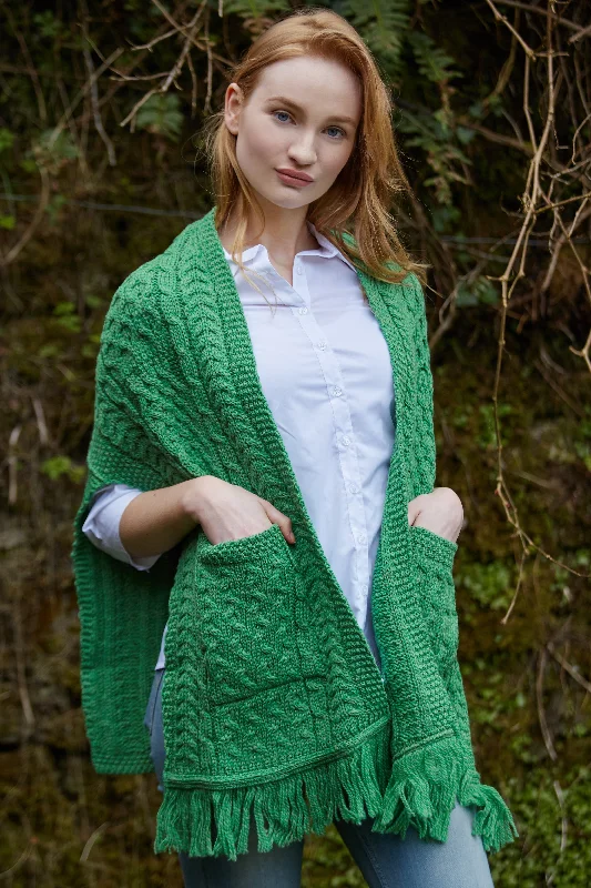 Aran Shawl Wrap with Pockets- Green Warm Cashmere Shawl Wrap