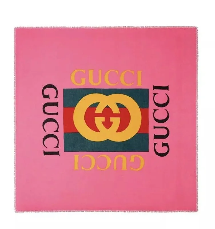 Gucci Women Bright Pink Wool/Silk GRG Web GG Logo Scarf Shawl Elegant Lace Shawl Wrap