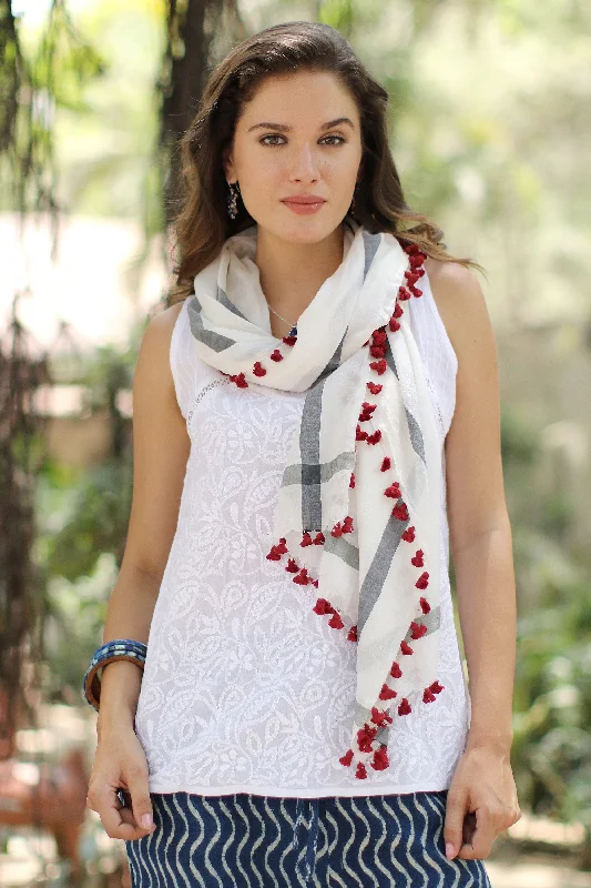 Blissful Simplicity Hand Woven Silk Cotton Blend White Shawl with Red Tassels Stylish Fringed Shawl Cape