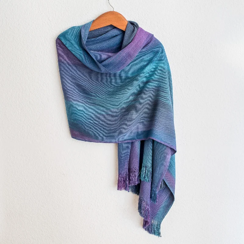 Blue Orchids Guatemalan Hand Woven Shawl in Blues and Orchids Soft Knit Shawl Poncho