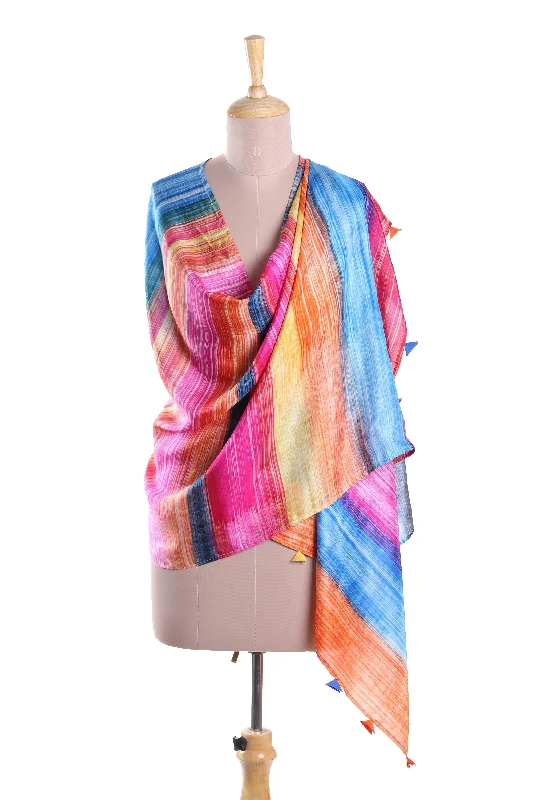 Carnival Party Bright Multi-Color Striped Hand Printed 100% Silk Shawl Comfortable Pashmina Shawl