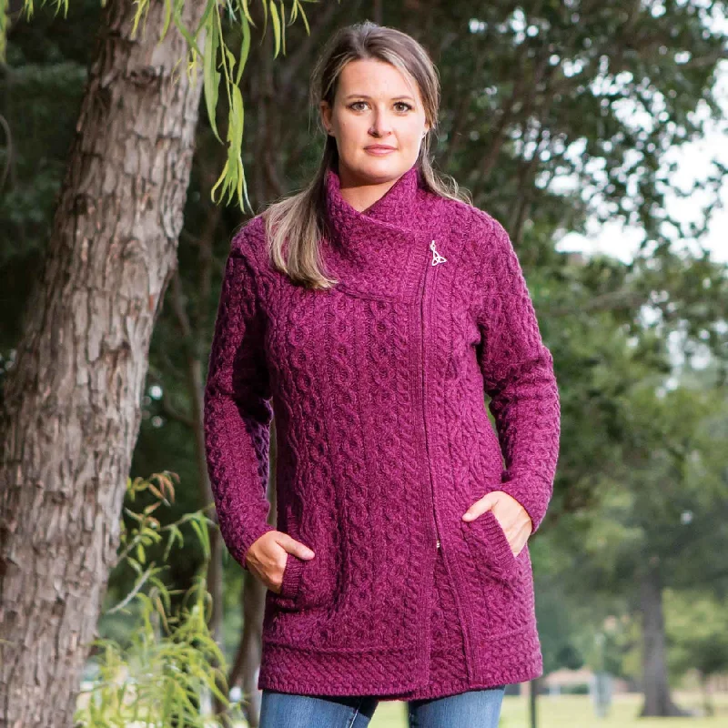 Athenry Shawl Collar Aran Knit Coat- Purple Soft Cashmere Shawl Poncho