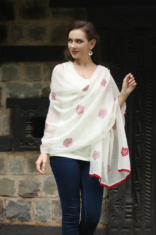 Chikan Roses in Claret Cotton and Silk Shawl in Champagne and Claret from India Soft Cotton Shawl Cape