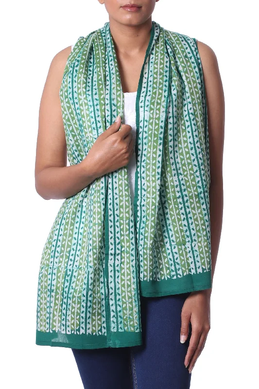 Leafy Vines Green Indian Woodblock Dyed Vine Pattern Batik Cotton Shawl Stylish Wool Shawl Wrap