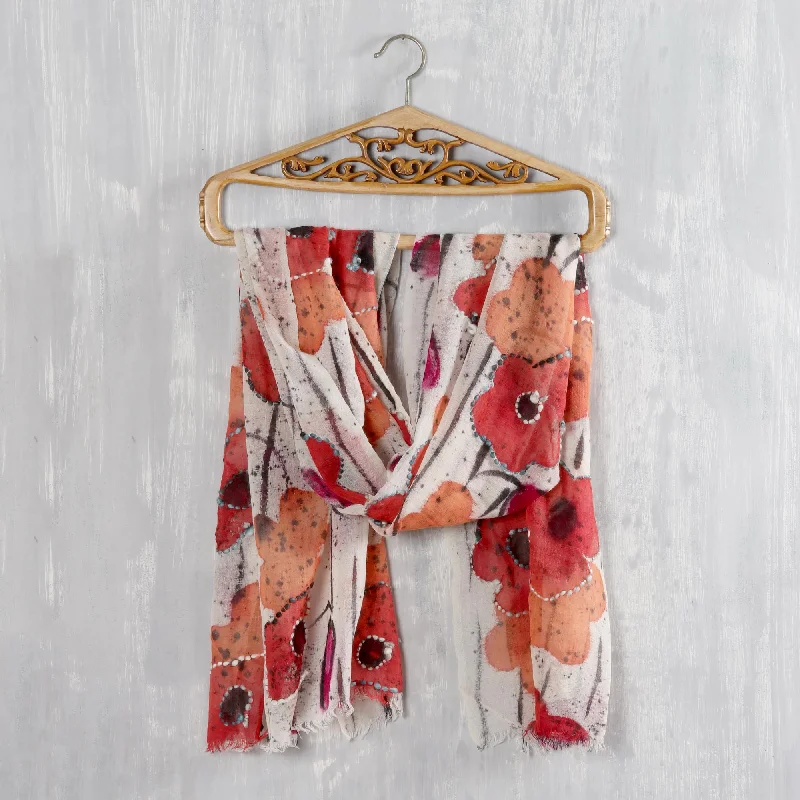 Morning Allure Red and Orange Floral Wool Shawl from India Comfortable Shawl Scarf Wrap