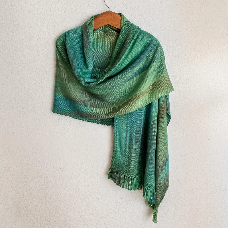 Peaceful Green and Turquoise Hand Woven Rayon Chenille Shawl Warm Cashmere Shawl Cape