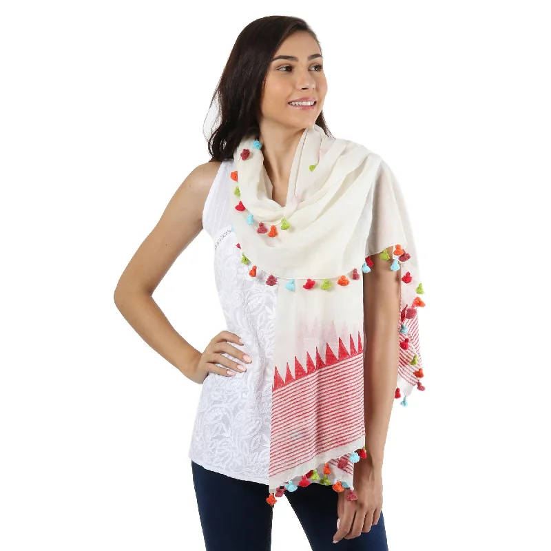 Pop of Color Loom Woven 100% Cotton White and Red Shawl from India Trendy Oversized Shawl Cape