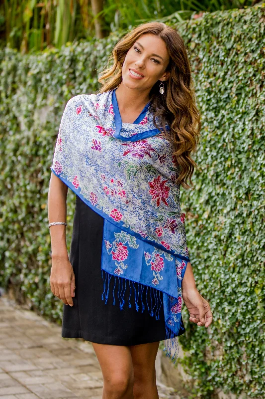 Sapphire Mums Blue Batik Silk Shawl Trendy Bohemian Shawl Cape