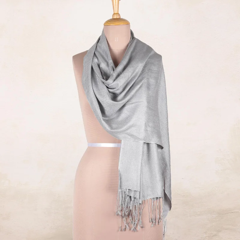 Silver Nights Pure Silk Shawl in Silver Grey from India Elegant Silk Shawl Scarf