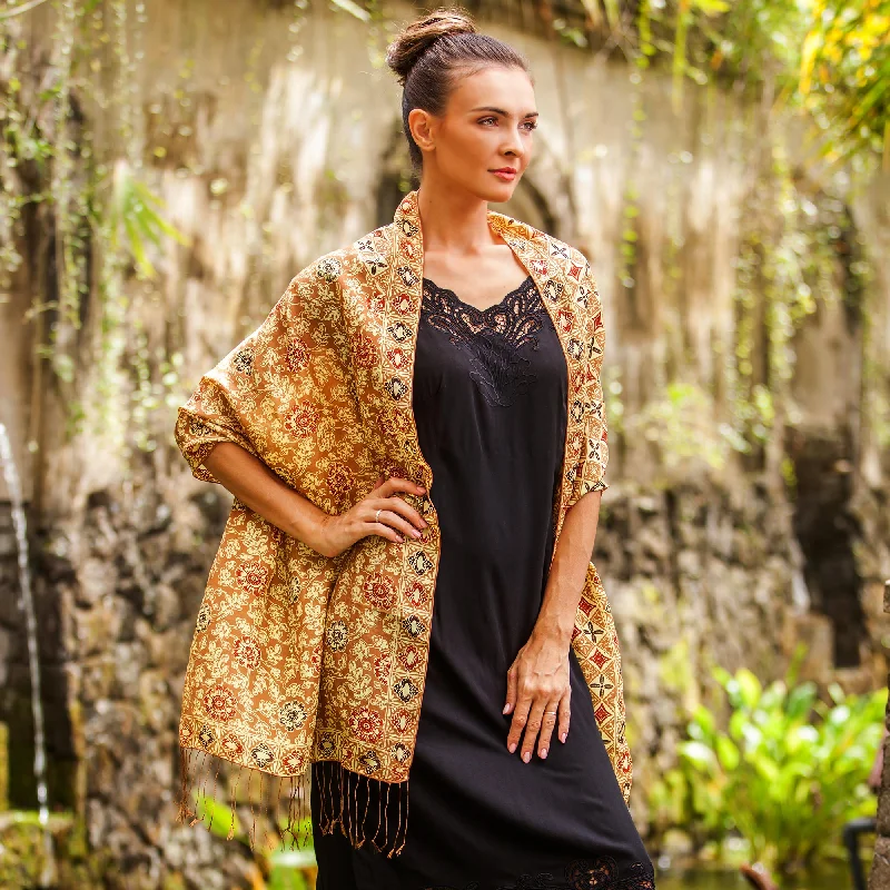 Truntum Forest in Ginger Batik Silk Shawl with Ginger Floral Motifs from Bali Fashionable Embroidered Shawl