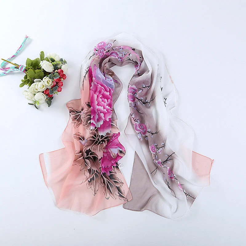 Print Silk Chiffon Scarf Women's Foulard Soie Shawls and Scarves Long Shawl Printed Cape Chiffon Tippet Muffler 160*50cm Soft Printed Shawl Wrap