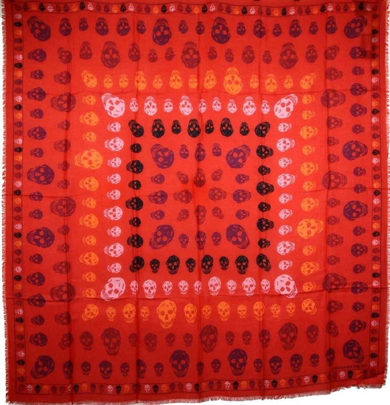 Alexander McQueen Women's Red Modal / Wool Multiskull Box Print Shawl Scarf Soft Faux Fur Shawl