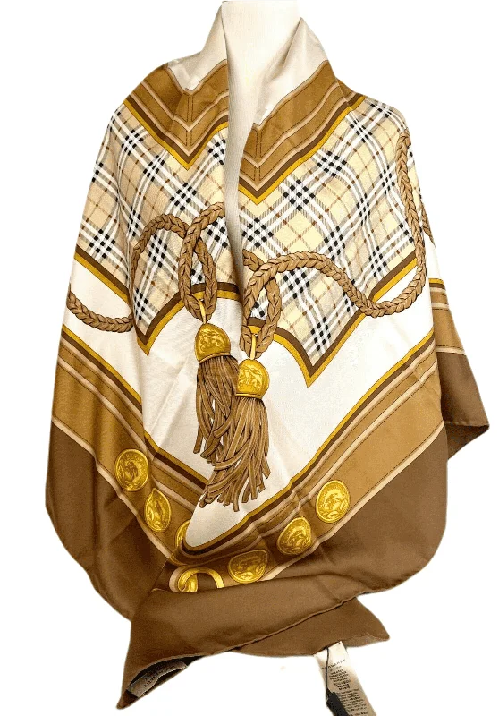 New Burberry Women's Brown Silk Large Scarf Shawl with Horse Tassel Print Elegant Long Shawl Scarf