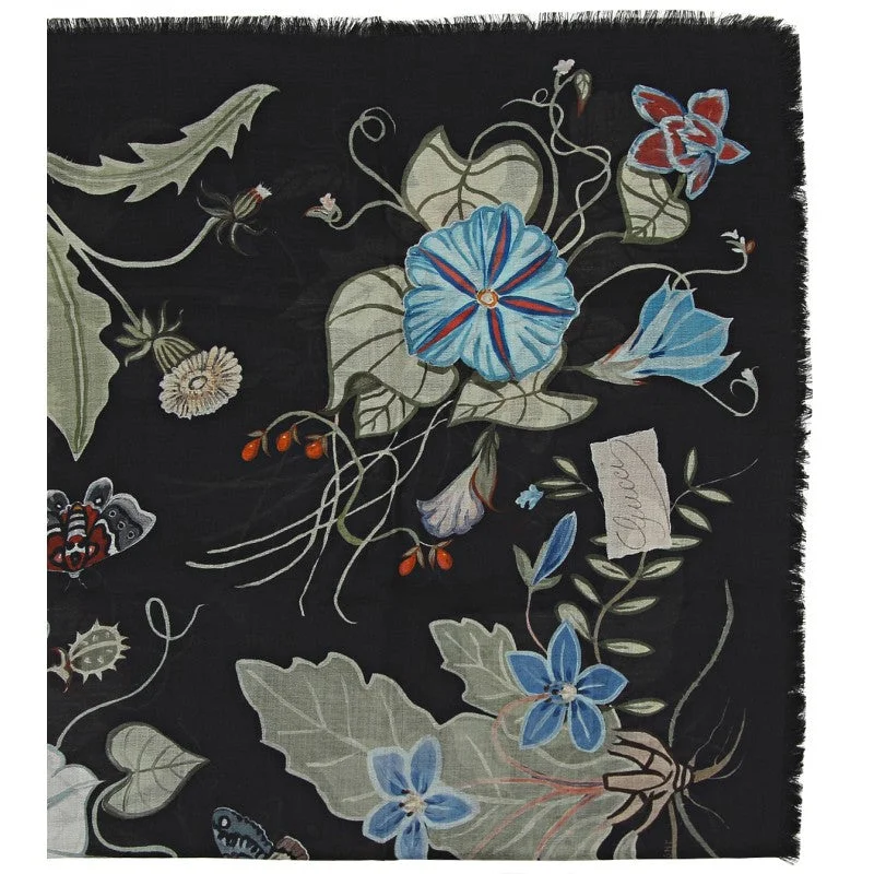 Gucci Black flora knight print wool silk shawl Cozy Fleece Shawl Wrap