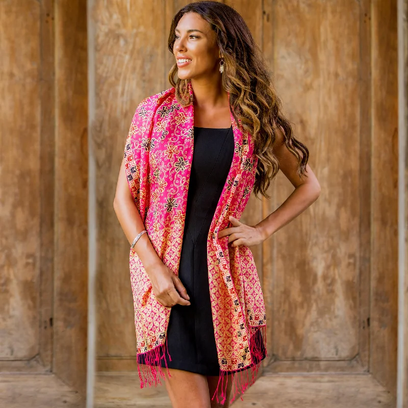 Kawung Azaleas in Fuchsia Batik Silk Shawl with Fuchsia Floral Motifs from Bali Warm Cashmere Shawl Wrap