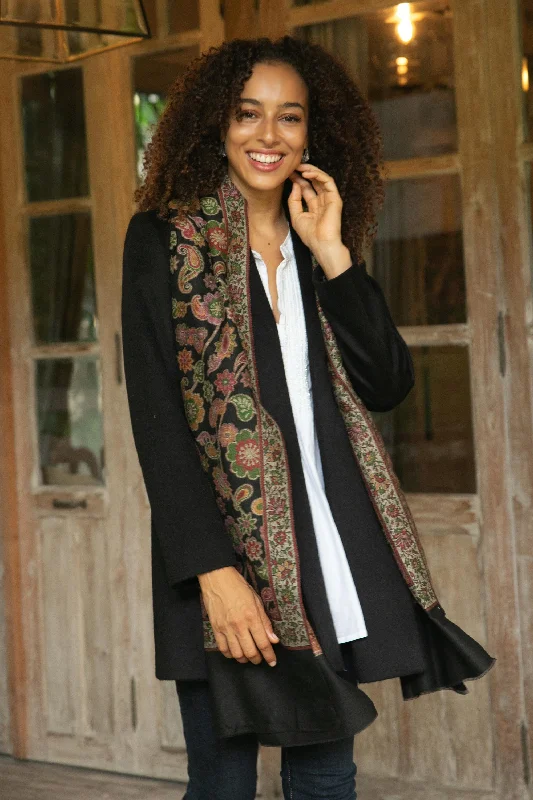 Midnight Garden Floral Wool Shawl in Black from India Elegant Knit Shawl Cape