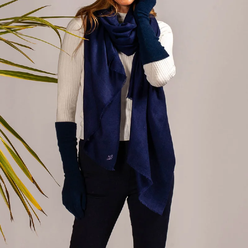 Navy Cashmere Shawl and Long Cashmere Gloves Set Cozy Woolen Shawl Cape