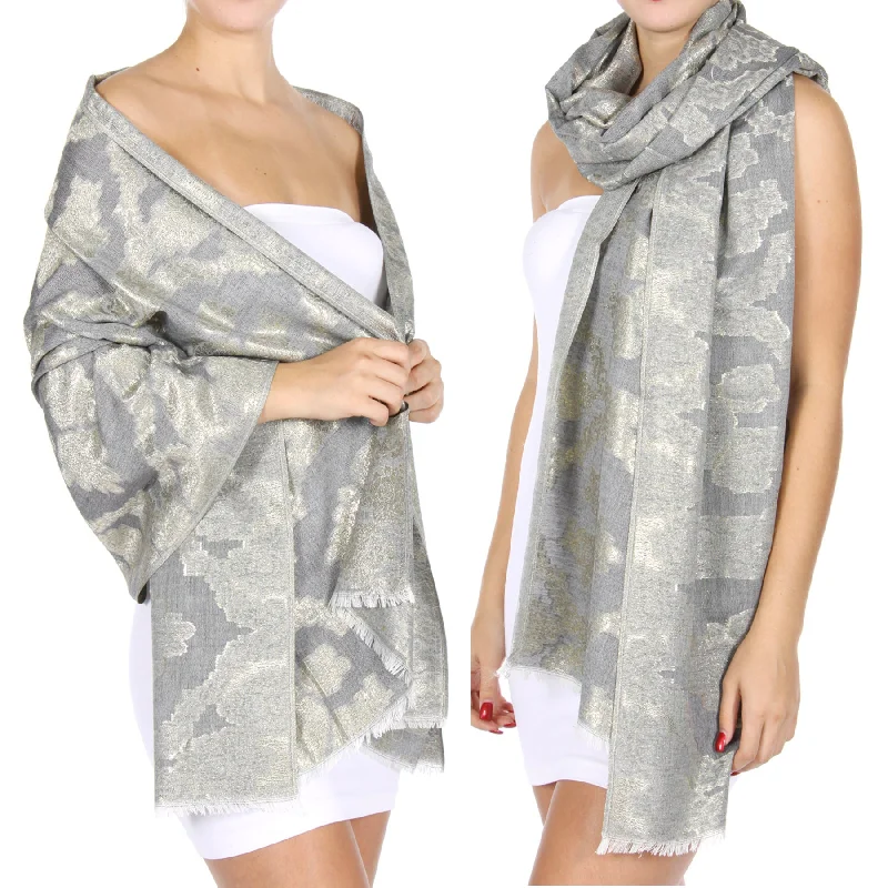 Pashmina Frayed Metallic Floral Print Shawl Evening Wrap Classic Lace Shawl Wrap