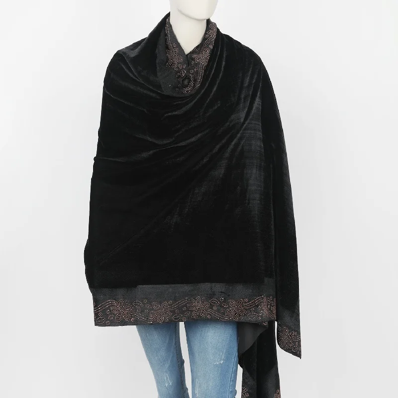 Women's Velvet Border Flower Shawl - Black Comfortable Embroidered Shawl