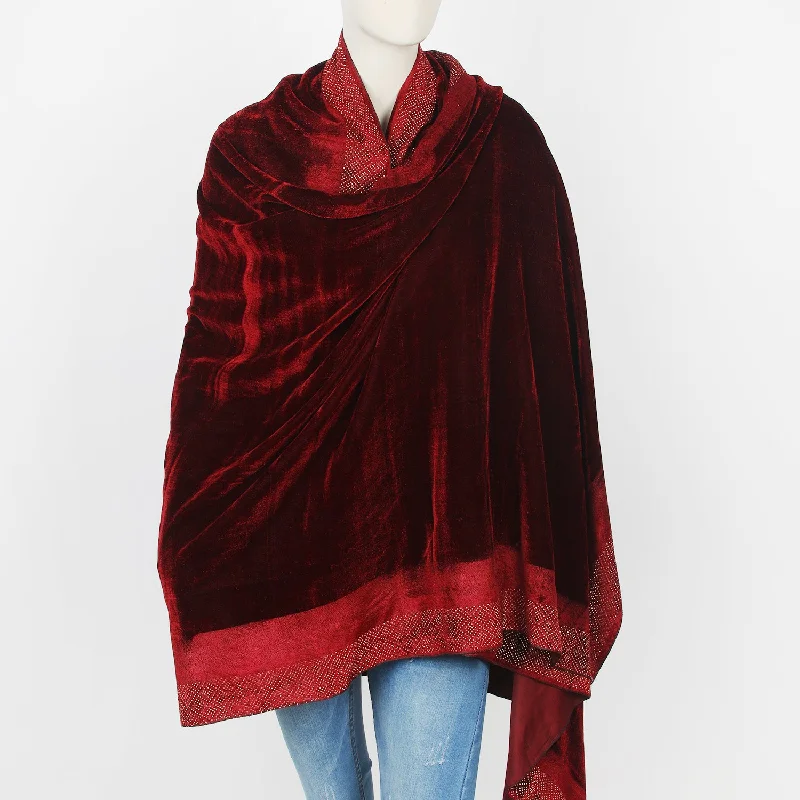 Women's Velvet Border Flower Shawl - Mehroon Fashionable Silk Shawl Wrap